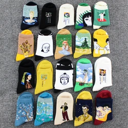 Spring and Summer New Cartoon Men and Women Cotton Socks Tide Sports Retro Medium Tube Oil Painting Flower Character Personality