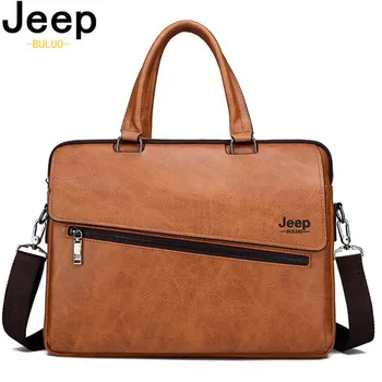 

JEEP BULUO 14 Inch Laptop Bag Leather File Hot Messenger Bags Men's Briefcase Office Business Tote Bag