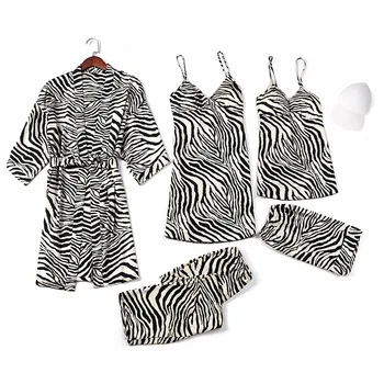 

Womens Pajamas Sets Stripe Strap Long Trousers 5 Pcs Pijama Summer Sleepwear Clothing for Women Nightwear Home Suits Bata Mujer
