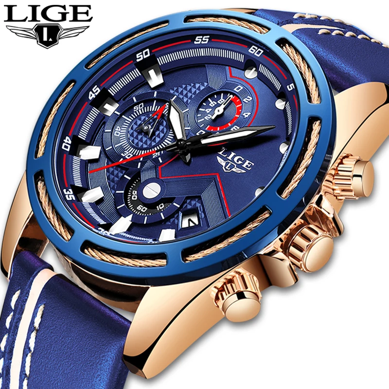 Billige LIGE Uhr Männer Mode Sport Quarz Uhr Leder Herren Uhren Top Brand Luxus Blau Wasserdicht Business Watch Relogio Masculino