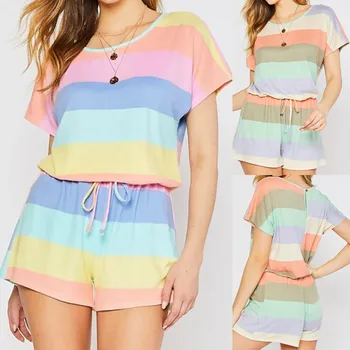 

Casual fashion summer Women pajamas пижама женская Girls Stripe O-Neck Print Short Sleeve Shorts Pajamas Suit h4