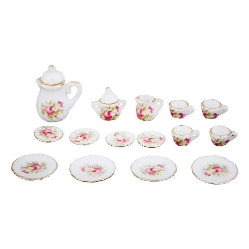 

Dollhouse Miniature Ware Porcelain Tea Set Plate Mug Plate Pink Flower 15 Pcs