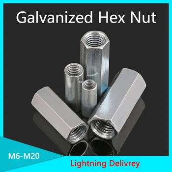 

Galvanized Rod Coupling Hex Nut steel Galvanized Long Hex Nut Connection Thread Nut M6-M12 1/20PCS