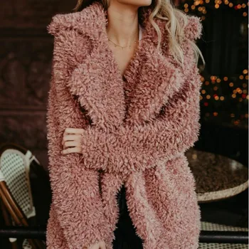 

Women Wool Overcoat Warm Outerwear 2019 Women Solid Faux Fur Coat Turn Down Collar Long Sleeve Cardigan Female Plus Size Outwear