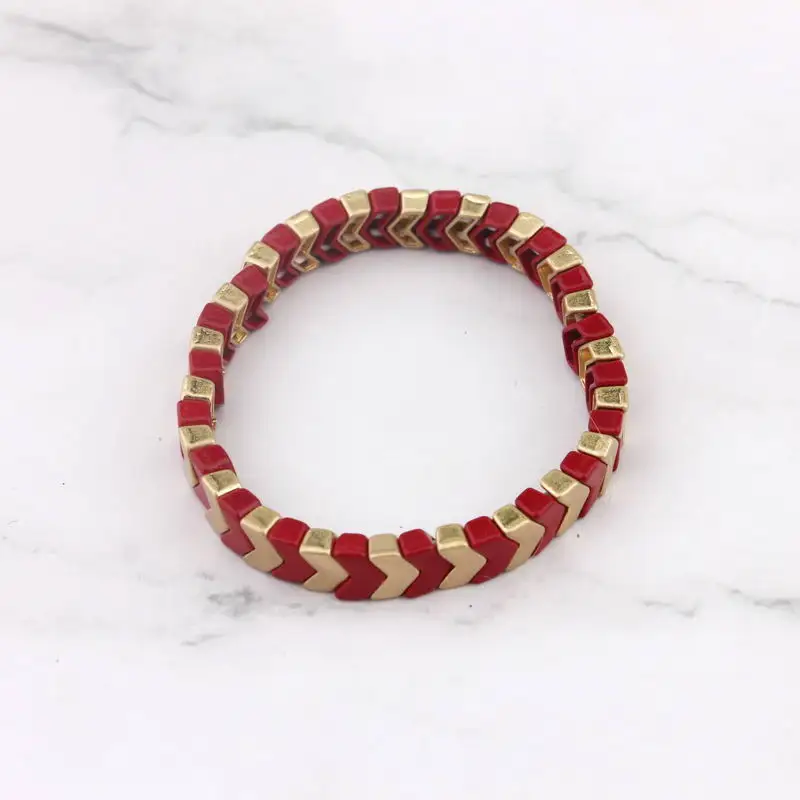 ZWPON Painted Metallic Chevron Bangles Elastic Herringbone Boho Bracelets Women V Shape Arrow Bangles Jewelry Wholesale - Metal Color: Red