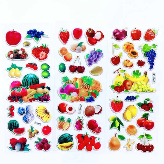 6 Sheets Kids Stickers 3D Puffy Bulk Stickers for Girl Boy Birthday Gift Scrapbooking Fruit Vegetable Cartoon Stickers Toys GYH 5