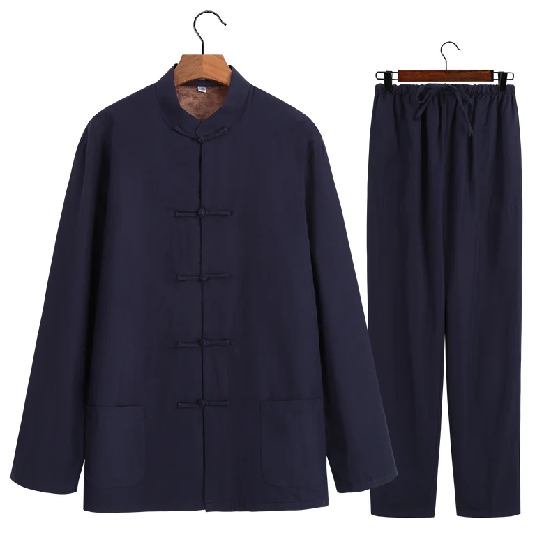 Chinese tunic suit New Year man Tang costume Han clothing men's linen warm cotton coats plus velvet thick casual two-piece suit