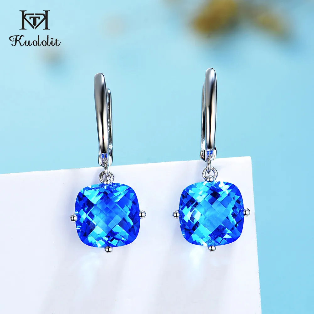 Kuololit Checkboard Blue Crystal Gemstone Drop Earrings for Women Solid 925 Sterling Silver 10*10 Cushion Jewerly for Party 1