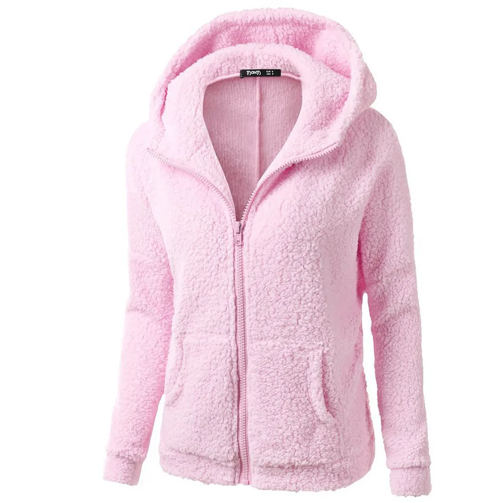 Женская блузка с капюшоном, зимнее теплое шерстяное пальто на молнии, хлопковое пальто, верхняя одежда, однотонная Повседневная Верхняя одежда, топ с капюшоном# Zer - Color: Pink