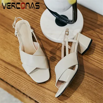 

VERCONAS 2020 Office Lady Woman Sandals Woman Pumps Brand Design Summer Genuine Leather Square Toe Square High Heels Shoes Woman