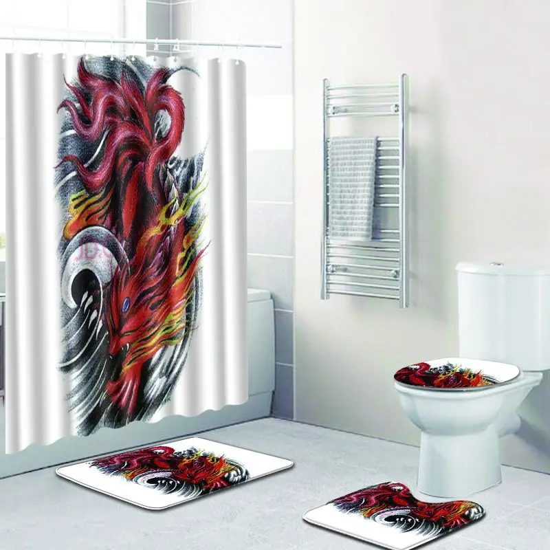 

4pcs/set Shower Curtain Bathroom Waterproof Polyester Carpet Cover Toilet Cover Bath Mat Pad Set Bathroom Curtain 12 Hooks Home