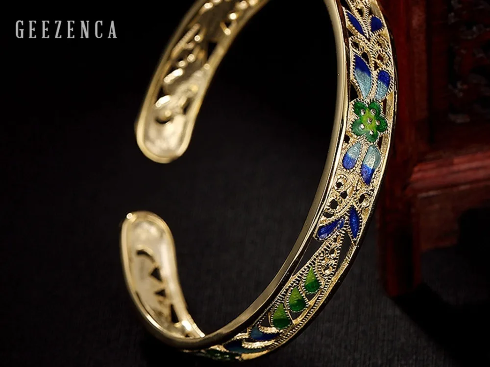 925 стерлингового серебра Cloisonne ручной работы полые цветок незамкнутные браслеты винтажный этнический браслет браслеты ювелирные украшения для женщин