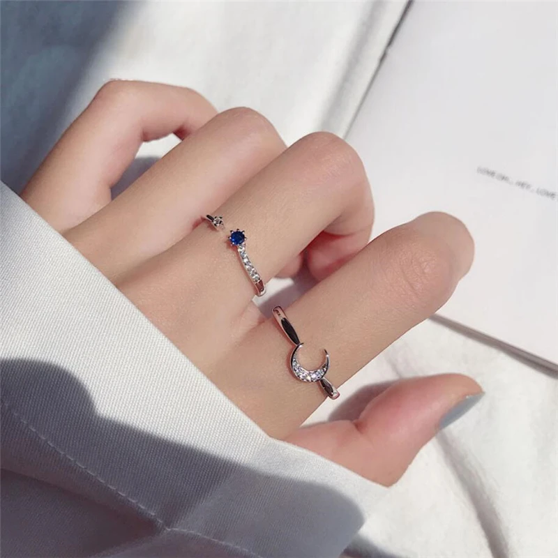 Silver Ring Silver Rings Sole Memory Crystal Moon Stars Sweet Romance Couple Gift Silver Color Female Resizable Opening Rings SRI488