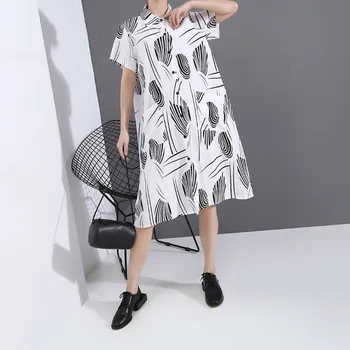 

Spring Summer Women Black White Sprinted Shirt Dress Casual Elegant Turn Down Collar Short Sleeve Midi Dress Big Size