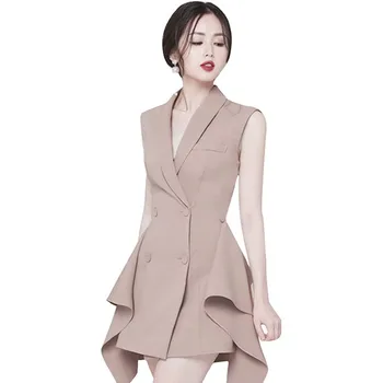 

2019 New Runway Women's Suit Collar Vest Blazers Dress Office Ladies Ruffles Sleeveless Tank Asymmetrical Work Dresses vestidos