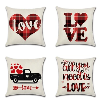 

Valentine's Day pillowcase red plaid romantic couple motto car love digital printing sofa cushion cover for home decor