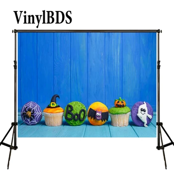 

VinylBDS Children Halloween Background Newborn Blue Wood Backdrop Baby Cute Animals Cupcake Backdrops Witch Hat Photo for Kids