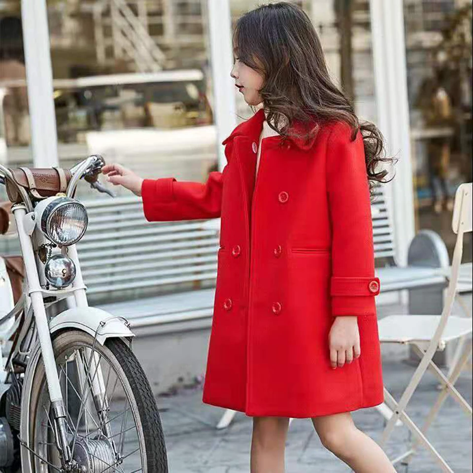 Abrigo de niña de lana con capucha larga recta en color rojo brillante  abrigo de invierno personalizado para niña, abrigo elegante para niños,  chaqueta de niña cálida con capucha -  México