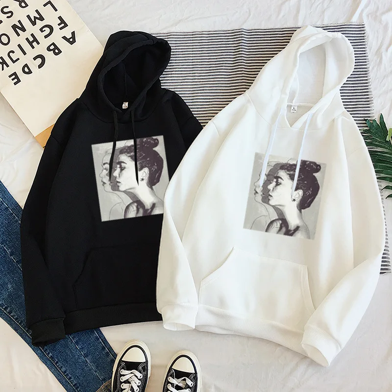 

Fashion Autumn Warm Hoodies For Women Sweatshirts Korean printed girls Harajuku Loose Pocket Long Sleeve Velvet Sweatshirt