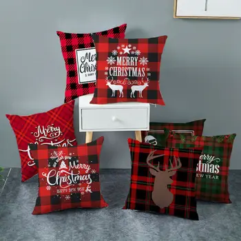 

45 x45cm Red Merry Christmas Deer Plaid Geometric Pillow Case Cushion Cover