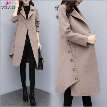 

Winter Women Coat 2019 Casual Lapel Collar Open Stitch Woolen Female Coat Fashion Warm Pocket Solid Plus Size Long Outwear