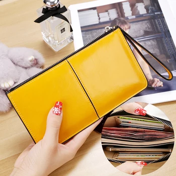 

2019 ladies long wallet PU oil wax skin Women's zipper wallet Solid mobile phone Card package coin purse Large capacity clutch