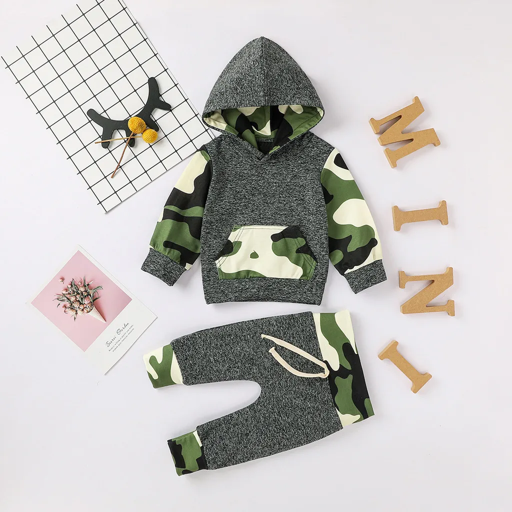 

0-24 Months Infant Baby Boys Clothes Sets 2Pcs Newborn Outfits Long Sleeve Camouflage Print Hooded Sweatshirt+Pants Sets Clothes