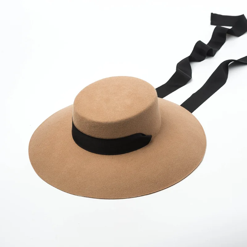 Модная осенне-зимняя шерстяная мягкая фетровая шляпа с широкими полями Fedoras Женская широкополая шерстяная шапка с плоским верхом черная лента повязка большая фетровая шляпа