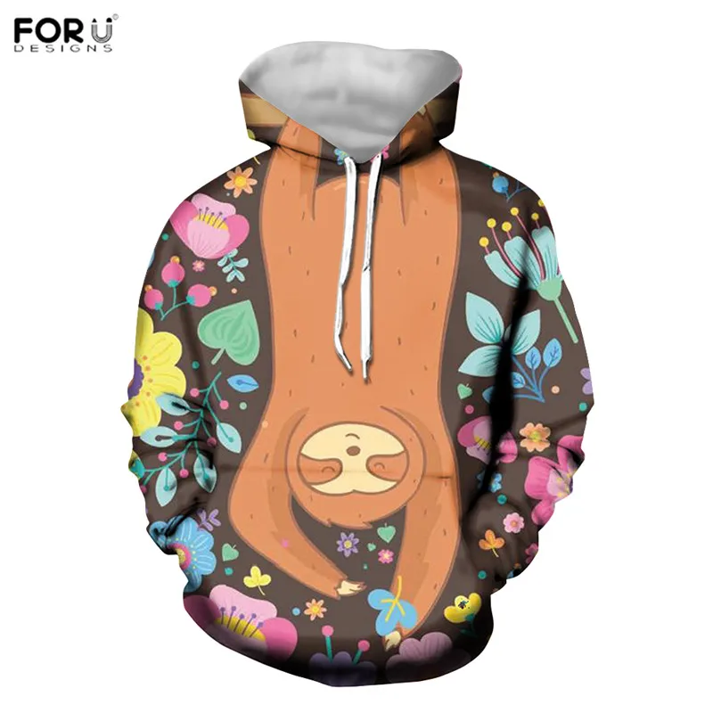 FORUDESIGNS/ женские толстовки с капюшоном с милым животным ленивецом с цветочным узором, свитера, пуловеры с круглым вырезом, Теплые Топы, толстовка - Цвет: HXA11Z72