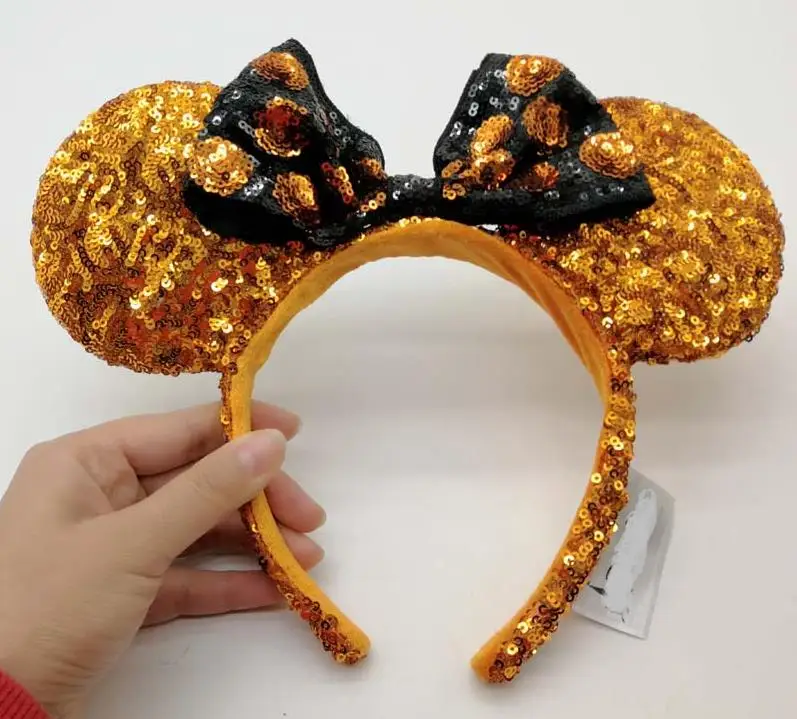 New Mickey Minnie  Orange Ears Black Bow Halloween Hat Headband Cosplay