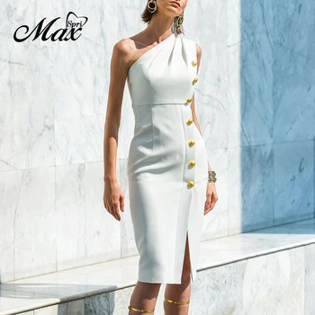 

Max Spri Women One Shoulder Sleeveless Metal Button Midi Dress Office Lady 2019 Fashion New Slit Party Club Vestidos White