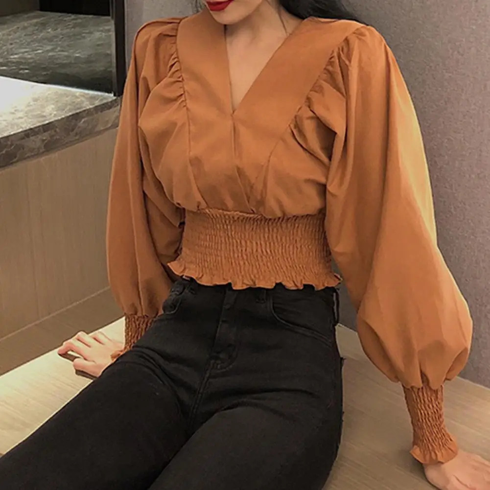 Novedad de 80%! Blusa ceñida a la para oficina, camisa de Color liso con escote V y manga abombada para mujer - AliExpress Ropa de mujer