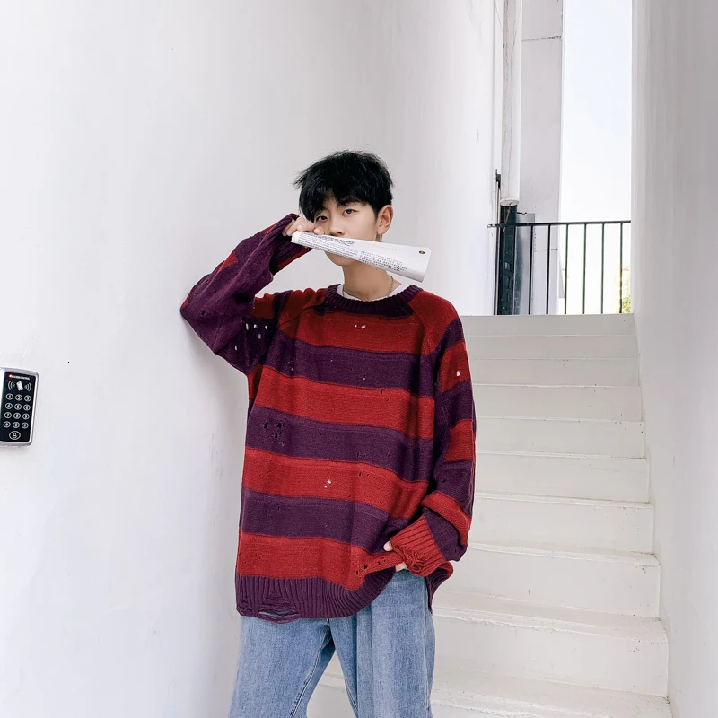 Winter New Striped Sweater Men's Fashion Contrast Color Casual Knit Hole Sweater Man Streetwear Wild Loose Long-sleeved Pullover