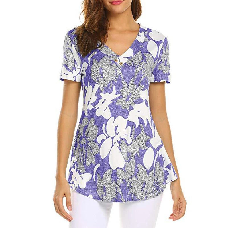 Женская блузка большого размера с цветочным принтом, Длинные рубашки, элегантная Осенняя туника с длинным рукавом на пуговицах, топы размера плюс, женская одежда - Цвет: purple