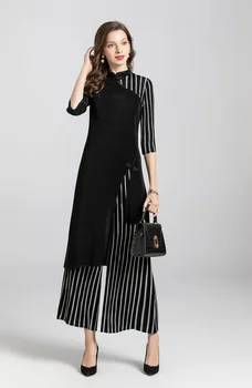 

Striped Women Pleated Fashion New Tidal Tops Shirts Trousers Two Pieces Clothing Sets