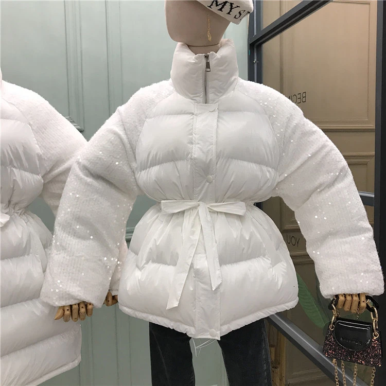 Short White Одежда с хлопковой подкладкой и блестками, Женское зимнее пальто, новинка, Корейская приталенная теплая парка, пальто, зимняя куртка, Женское пальто с поясом, MY290 - Цвет: Short White