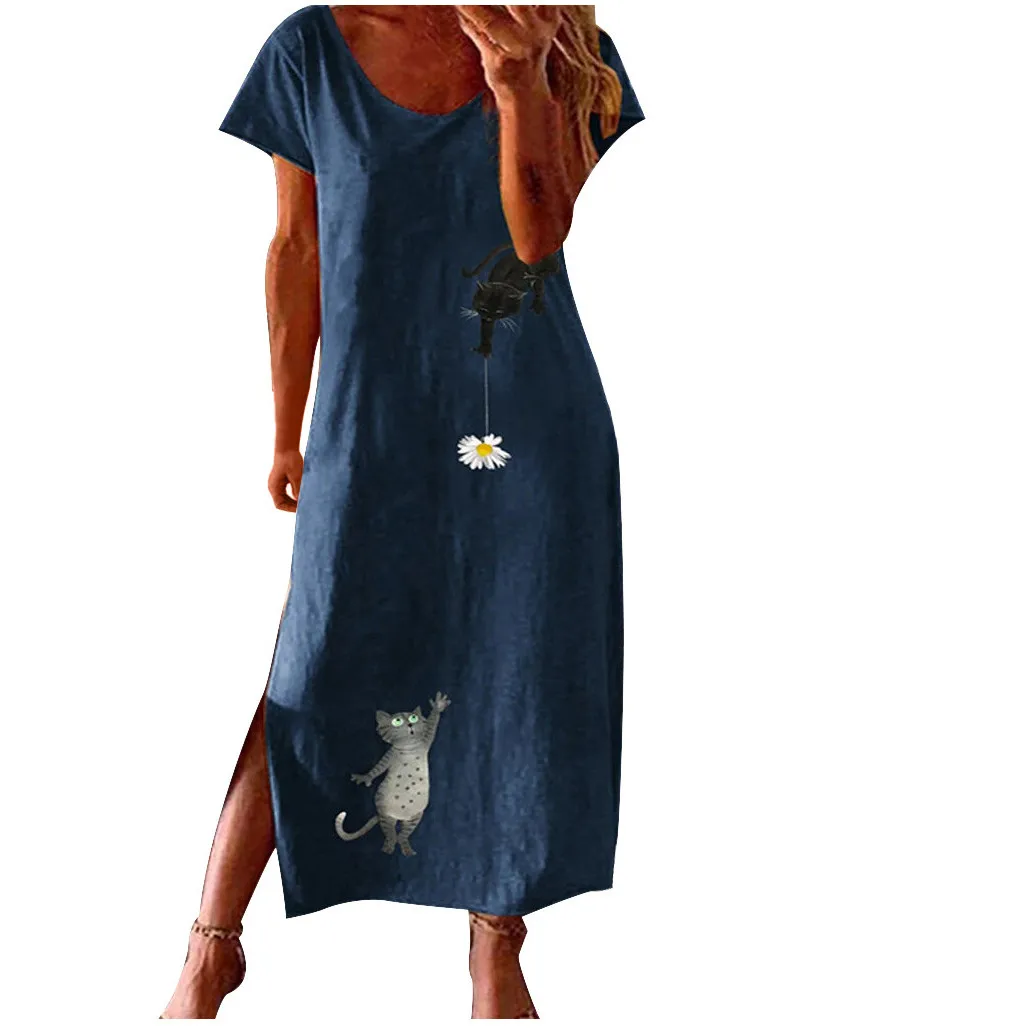 Fashion Women Dress Plus Size Pullover O-Neck Cotton and Linen Cat Print Short Sleeve Open Fork Long Dress Vintage Женский 2