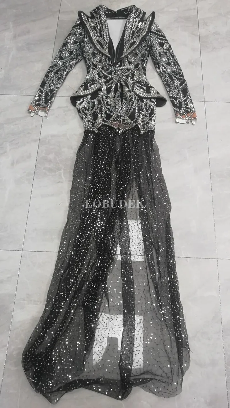 Diamond Blazers Women Elegant Stylish Printed Rhinestones Mesh Tailing Slim Coat Bar Singer Stage Costume Birthday Crystal Dress