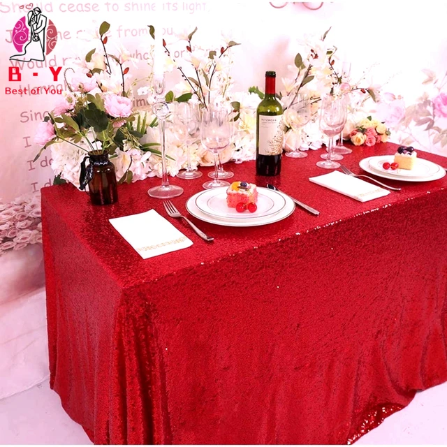 Pink Gold Tablecloth 90x132in Glitter Round Rectangular Embroidered Sequin Table Cover for Wedding Party Christmas Decor Red