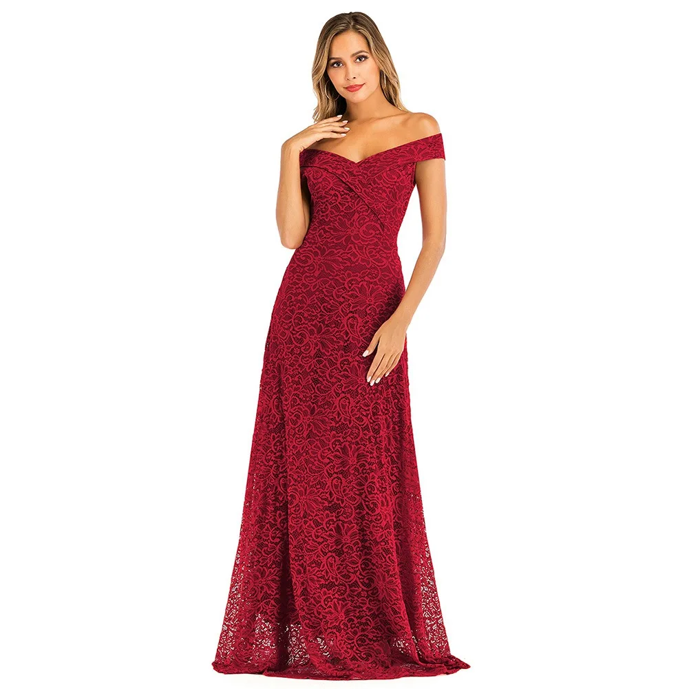new lady off-shoulder lace sexy long dress women banquet elegant solid slim dress