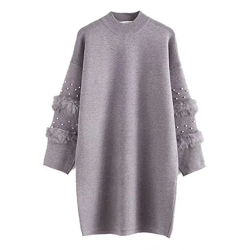 2020 Autumn Womens Long Sweater Half-Turtleneck Knitted Pullover Thicken Elegant Beading Fur Sleeve Jumper Sueter Mujer Invierno