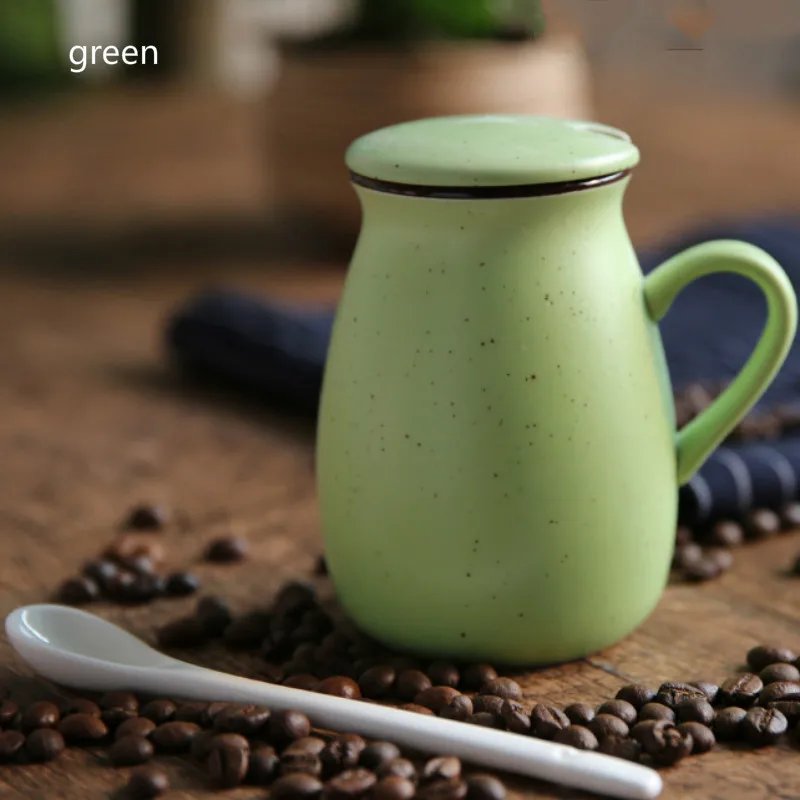 green starry sky 400 мл, Корейская керамическая кружка, чашка для кофе, напитков с крышкой, ложка, чашка для молока, 8 видов стилей, простая Милая кружка, цветная кружка, кружка для Гипсофилы - Цвет: green starry sky