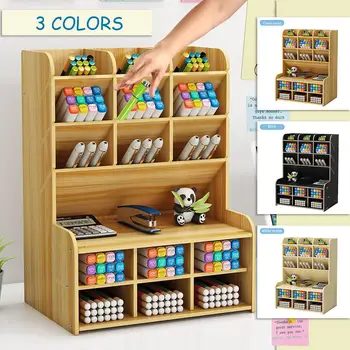 

6 Tier Wooden Desktop Pen Holder Office School Stationery Storage Box DIY Pen Organizer Desk Study Supplies Rack Office Supplies