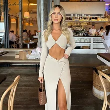 

Macheda Summer Women Solid Knitting Set Sexy V Neck Full Sleeve Top And High Waist Button Fly Long Skirt Casual Two Pieces Set