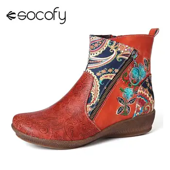 

SOCOFY Hand Painted Botas mujer Flowers Genuine Leather Splicing Folkways Pattern Flat Soft Zipper Ankle Boots Shoes Women