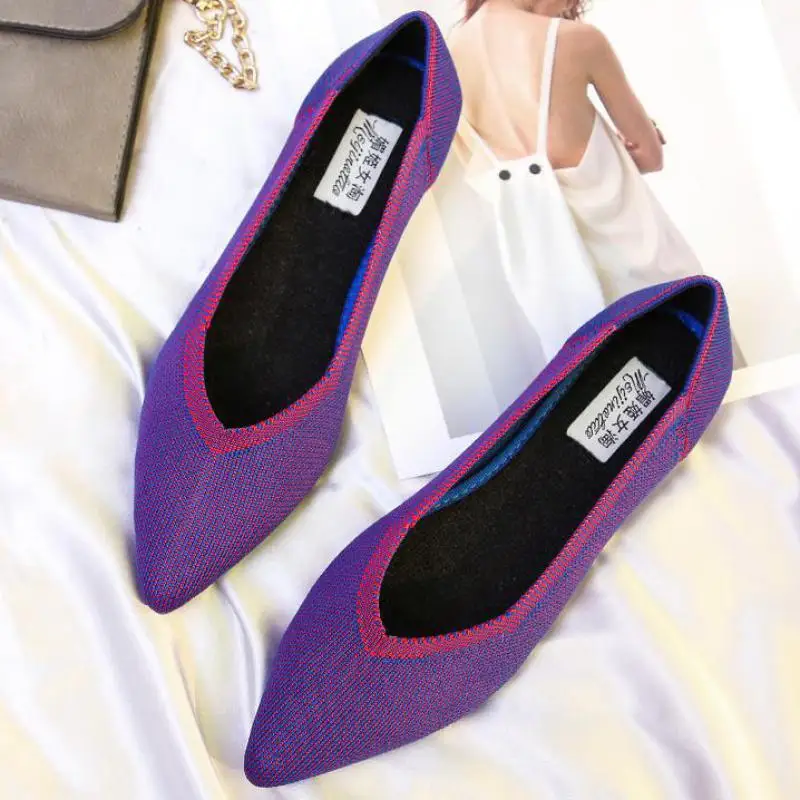

34~44 Large Size Breathable Knitted Flats Women Pointed Toe Ballet Flat Shoe Comfortable Shallow Knit Boat Shoes Slip On Loafers