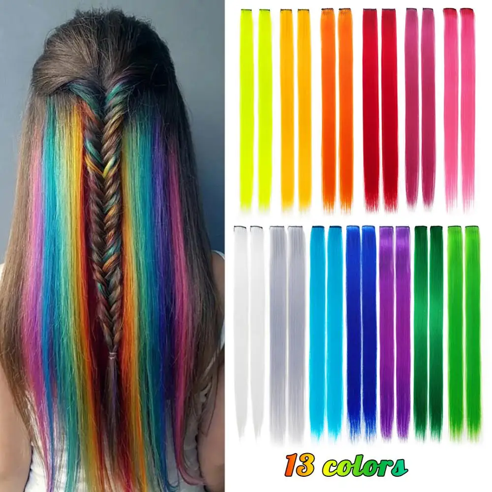 

MODERN QUEEN 10pcs/Lot Synthetic Long Single Clip In One Piece Hair Extensions 20cm Rainbow Color Straight Hairpiece For Women