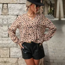 

Spring Fashion Women Blouses Long Sleeve Shirt Khaki Female Leopard Print Clothing Top V-neck Loose Casual Pullover