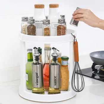

360 Degree Rotating 2 Tier Sundries Spices Fruit Tray Turning Table Rotatable Desktop Makeup Organizer Kitchen Storage Rack