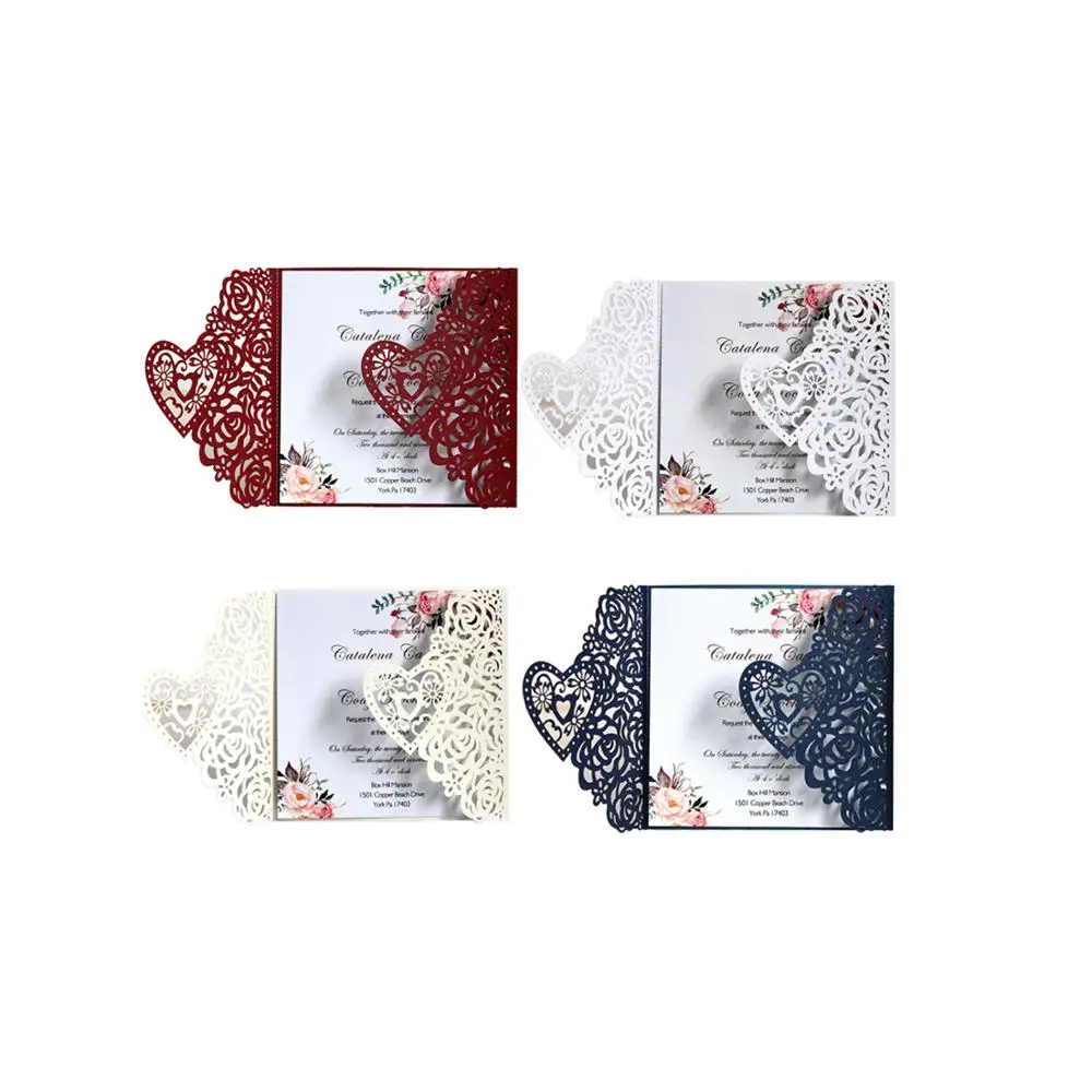  10pcs Laser Hollow Rose Flower Pattern Three-dimensional Love Tri-Fold Wedding Invitation Rose Love - 4000493471834